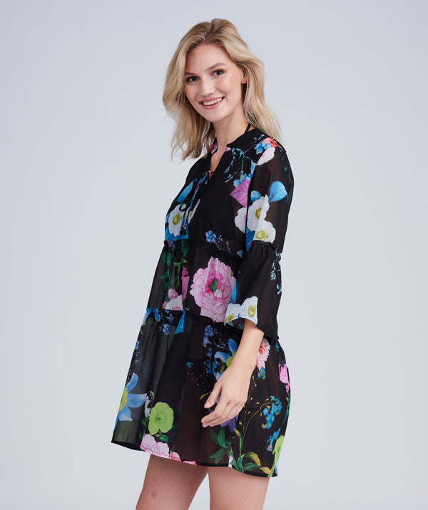 Black/Pink Midi Dress with Pretty Floral Print and V-Neck