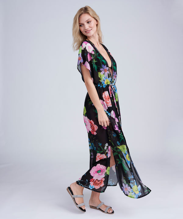 Black/Pink Floral Print Maxi Cover Up with Embellished Beading