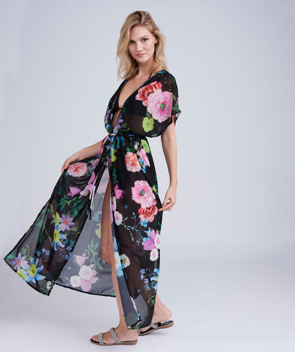 Black/Pink Floral Print Maxi Cover Up with Embellished Beading