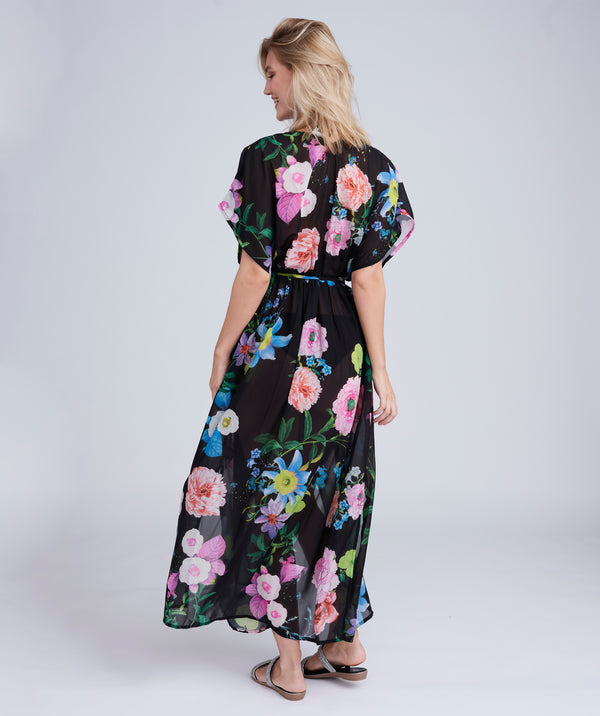 Black/Pink Floral Print Maxi Cover Up with Embellished Beading