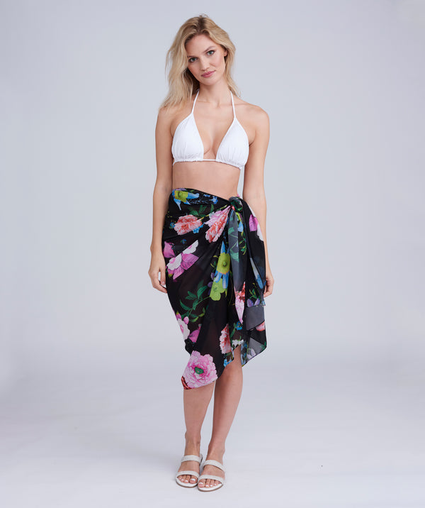 Black Floral Print Lightweight Sarong