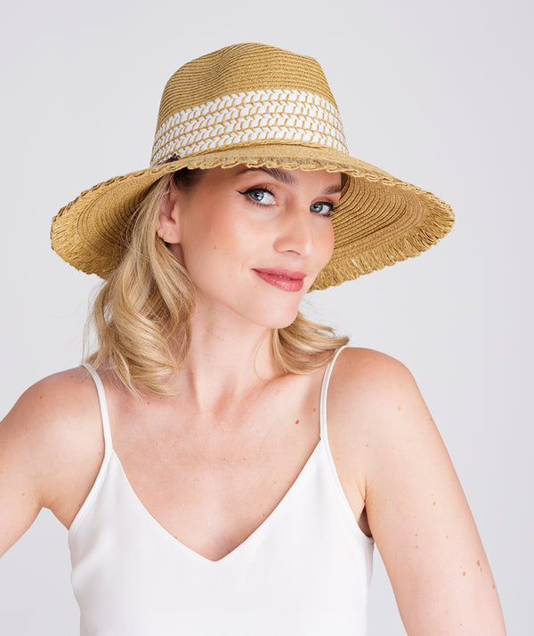 Natural Fringed Straw Fedora Hat with Beaded Embellishment