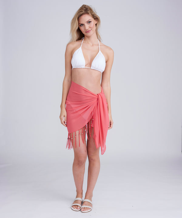 Coral Fringed and Beaded Sarong with Tassels and Shell Beading