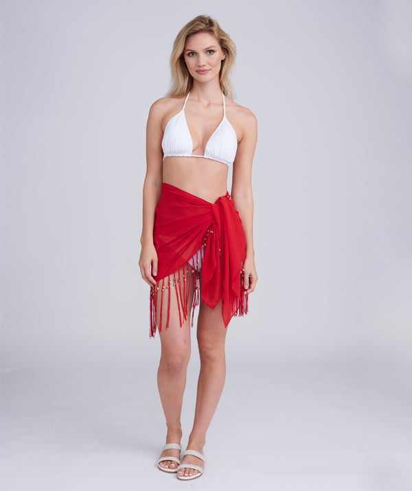 Red Fringed and Beaded Sarong with Self-Fastening Closure