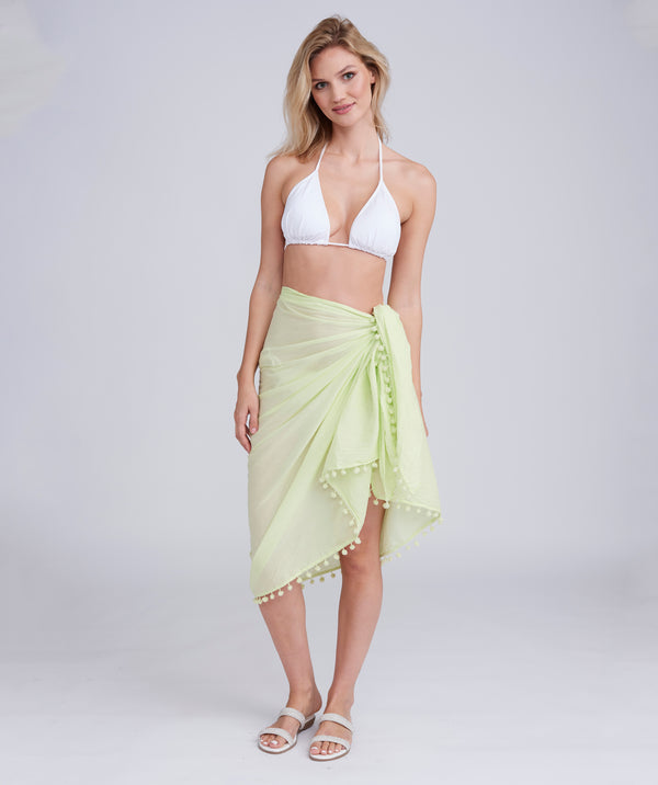 Lime Crinkle Cotton Sarong with Pom-Pom Edging