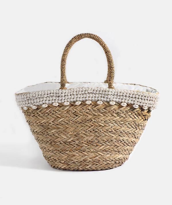 Santander - Natural Straw Basket Bag with Pearl Beading