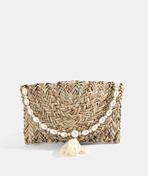 Natural Clutch Bag with Pearl Bead Embellishment and Button Closure