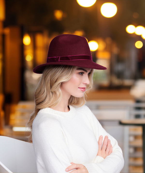 Serena - Borgoña Wool Fedora Hat with Velvet Band