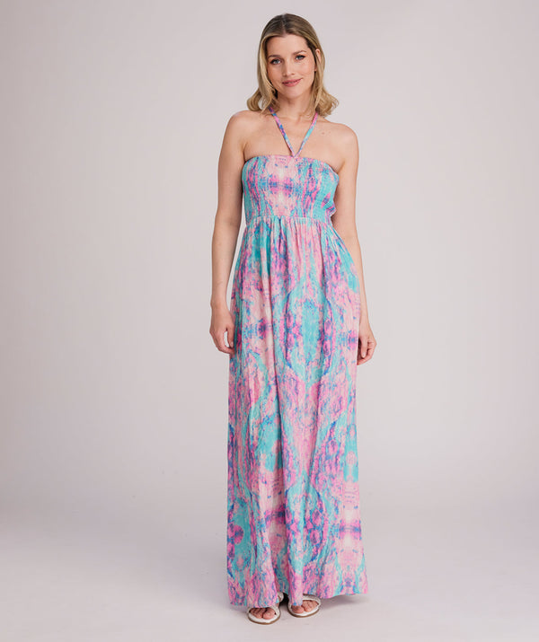 Seville - Soft Aqua and Pink Halter Neck Maxi Dress