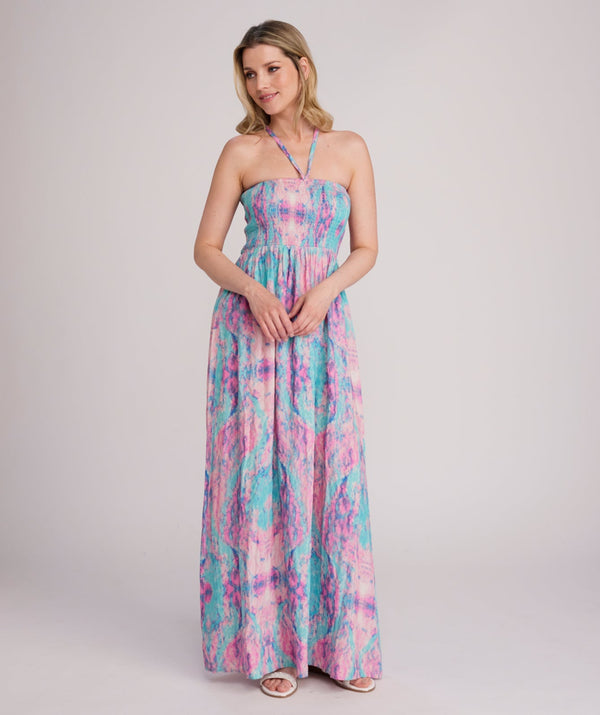 Seville - Soft Aqua and Pink Halter Neck Maxi Dress