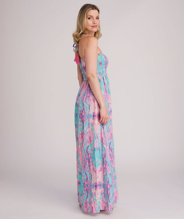 Seville - Soft Aqua and Pink Halter Neck Maxi Dress