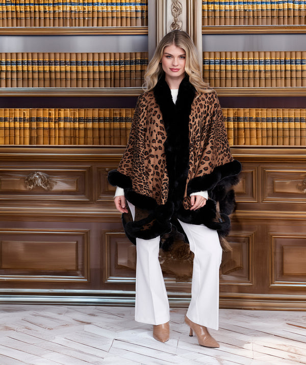 Simona - Leopard Print Wrap with Faux Fur Trim