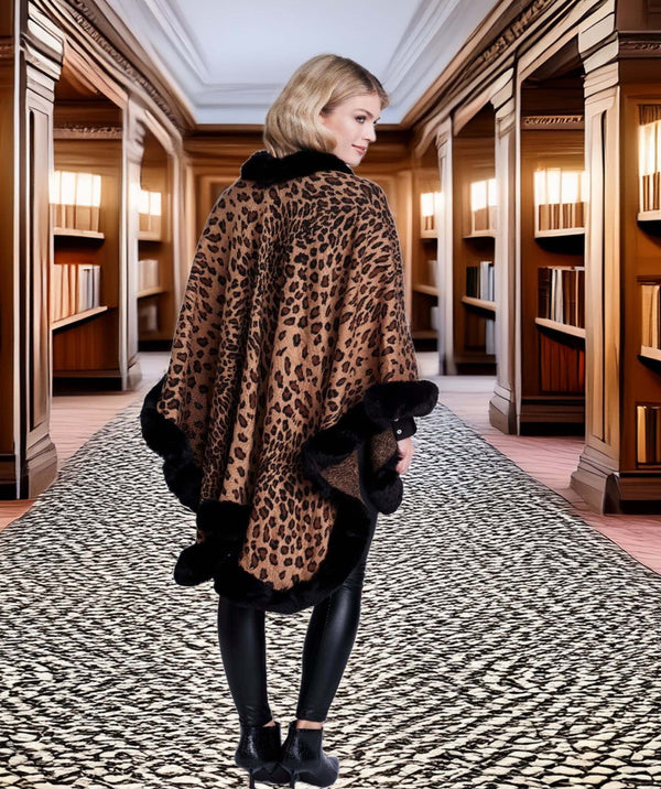 Simona - Leopard Print Wrap with Faux Fur Trim