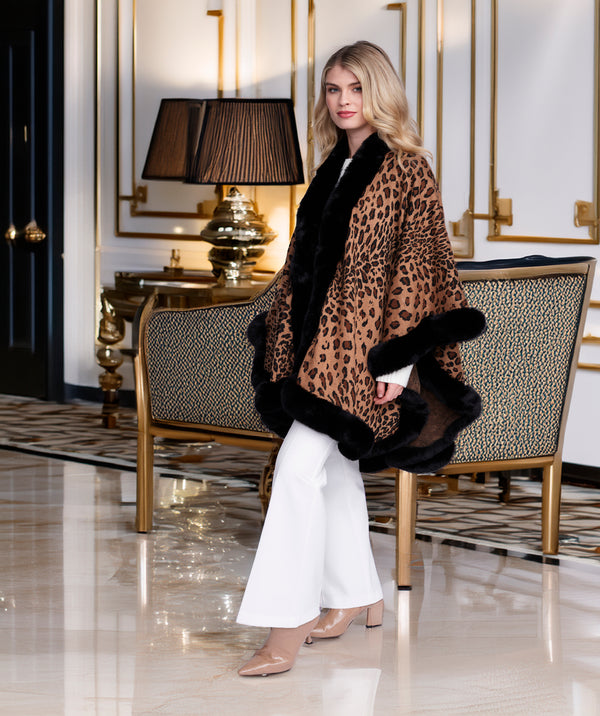 Simona - Leopard Print Wrap with Faux Fur Trim