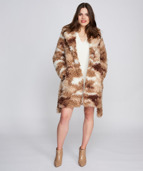 Sinead - Beige Brown Marl Faux Shearling Coat