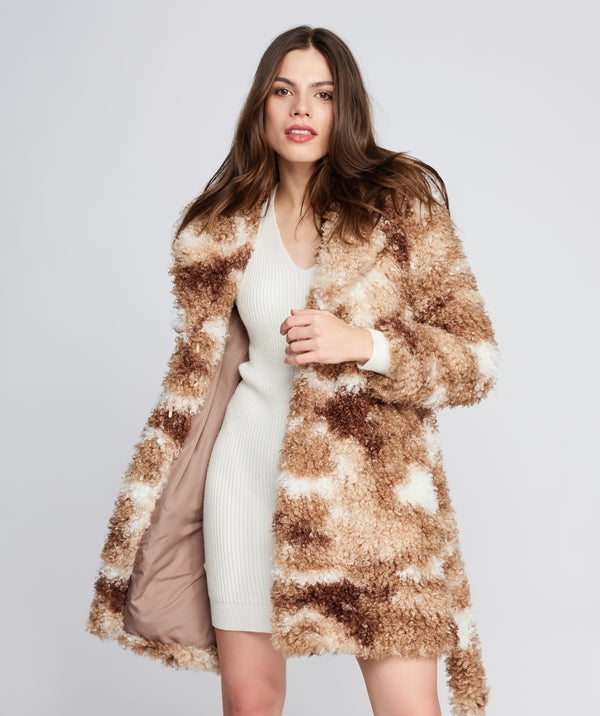 Sinead - Beige Brown Marl Faux Shearling Coat