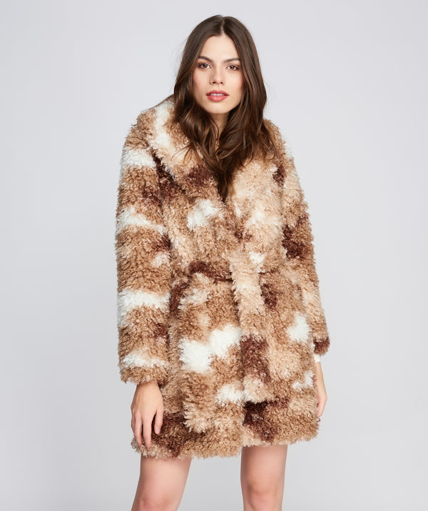 Sinead - Beige Brown Marl Faux Shearling Coat