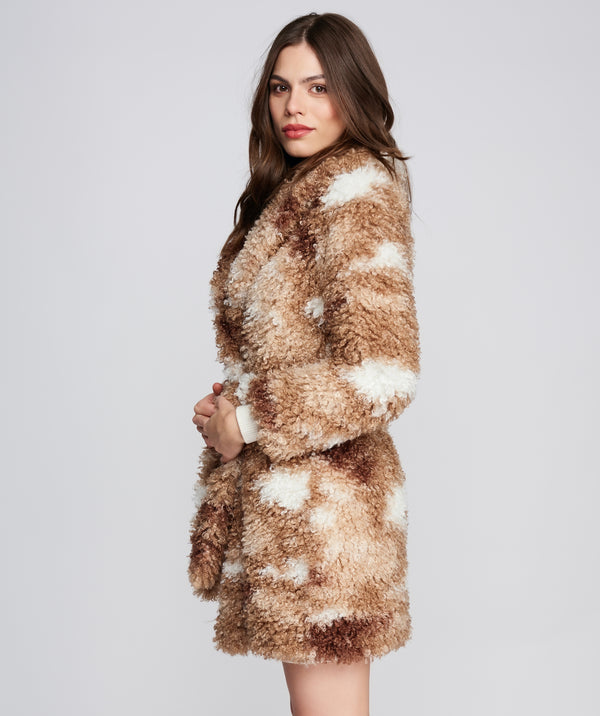 Sinead - Beige Brown Marl Faux Shearling Coat
