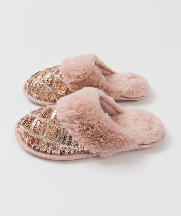 Blush Faux Fur Slippers with sequin Embellishments.