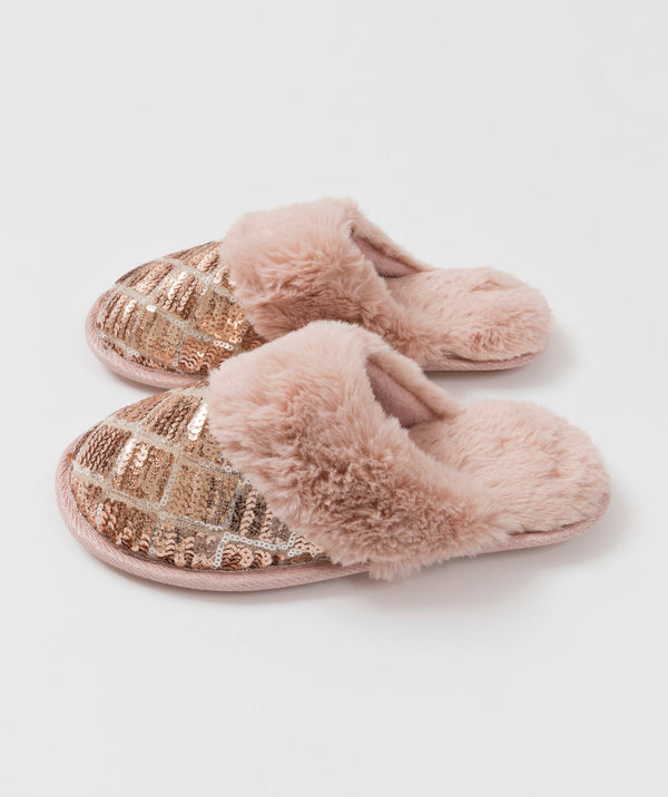 Skylar - Blush Faux -Pelzschuhe mit Paillettenverzierungen.