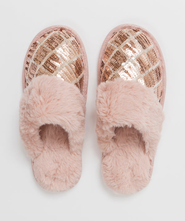 Blush Faux Fur Slippers with sequin Embellishments.