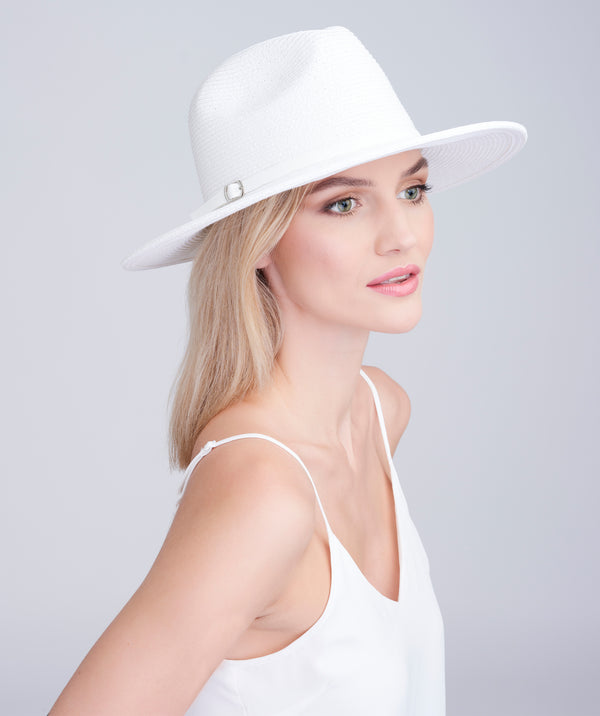 Solana - White Wide Brim Straw Hat with Faux Leather Belt