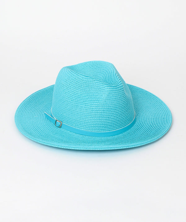 Turquoise Straw Fedora Hat with Faux Leather Headband Trim