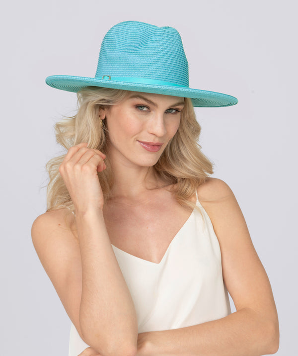 Turquoise Straw Fedora Hat with Faux Leather Headband Trim