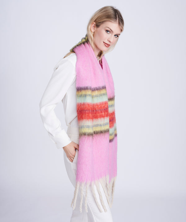 Suzie - Bufanda rosa con rayas multicolores