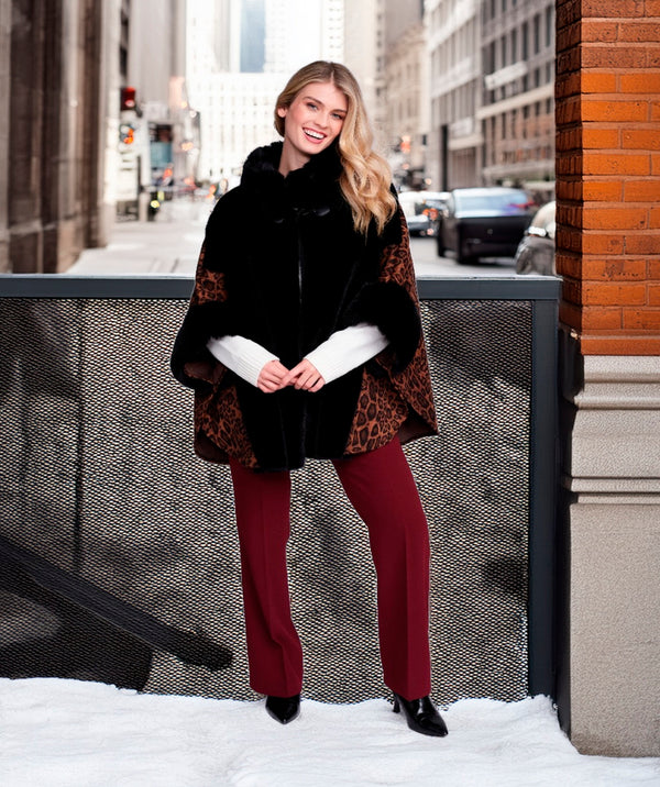 Tamara - Black Faux Suede Wrap with Faux Fur Trim
