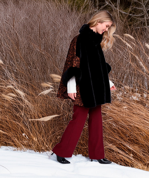 Tamara - Black Faux Suede Wrap with Faux Fur Trim