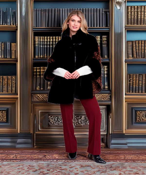 Tamara - Black Faux Suede Wrap with Faux Fur Trim