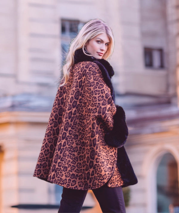 Tamara - Black Faux Suede Wrap with Faux Fur Trim