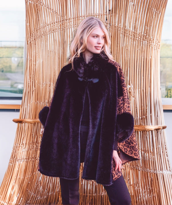Tamara - Black Faux Suede Wrap with Faux Fur Trim