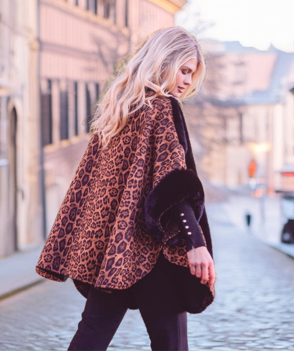 Tamara - Black Faux Suede Wrap with Faux Fur Trim