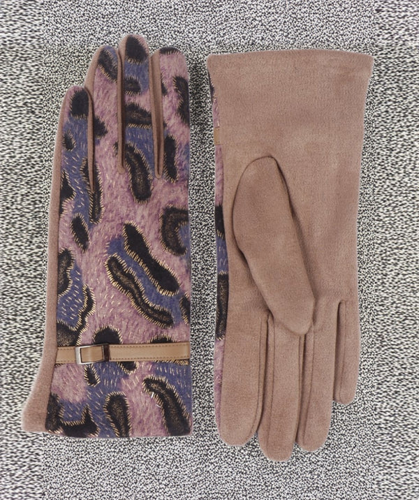 Tamson - Beige Animal Printed Faux Suede Gloves