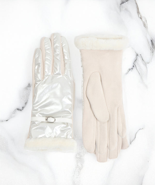 Tara - Ivory Metallic Look Gloves with Faux Sheepskin Trim