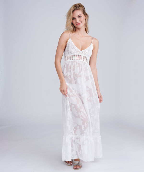 White Ombre Maxi Dress with Floral Lace and Crochet Detail