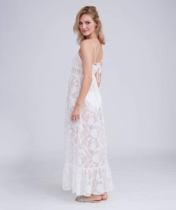 White Ombre Maxi Dress with Floral Lace and Crochet Detail