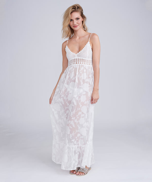 White Ombre Maxi Dress with Floral Lace and Crochet Detail