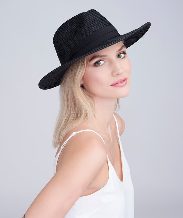 Classic Black Straw Fedora Hat with Ribbon Trim