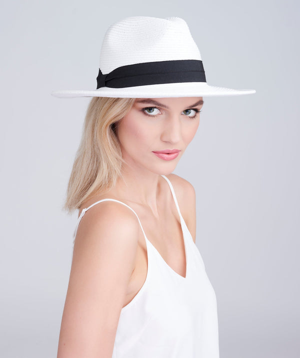 Tobago - Cappello Fedora di paglia bianca con rivestimento a nastro nero
