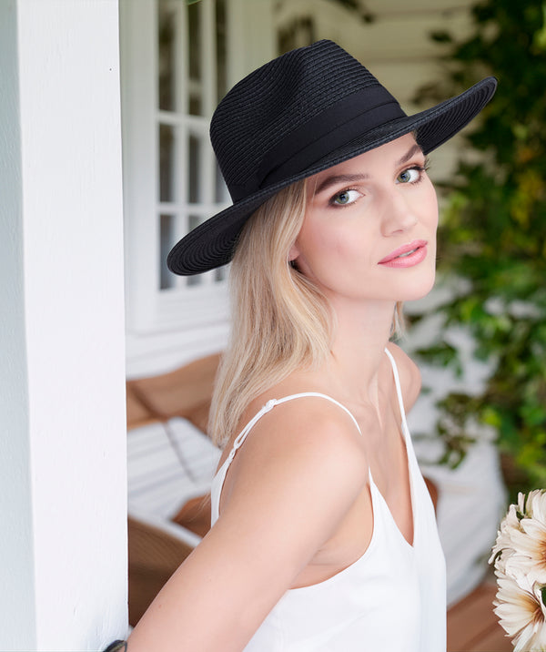 Tobago - Black Straw Fedora Hat met lintafwerking