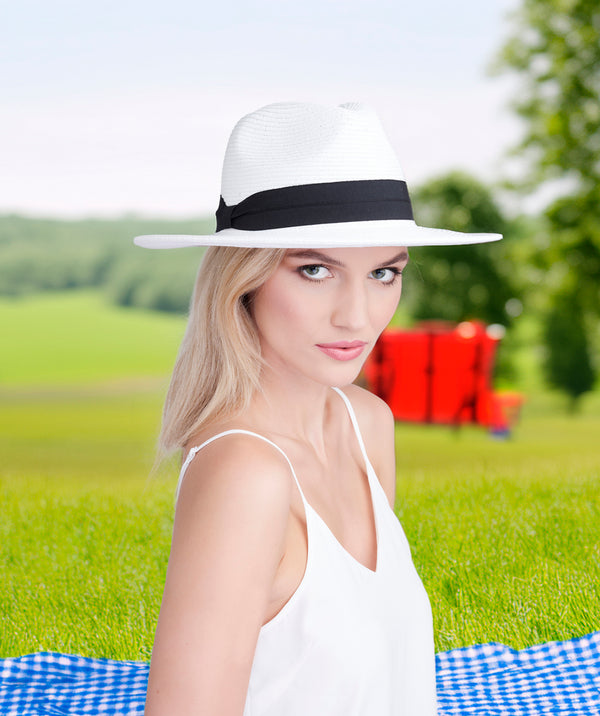 Tobago - Sombrero White Straw Fedora con moldura de cinta negra