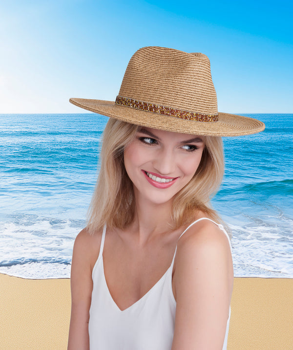 Topaz - Natural Tan Summer Fedora Hat met sprankelende kralenafwerking