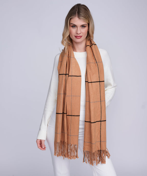 Tori - Sciarpa a quadri in cashmere color cammello con frange intrecciate