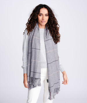 Women`s Cashmere Feel Checked Scarf - Grey - Accessories, Scarf, Silver Grey, Tori, Winter Accessories