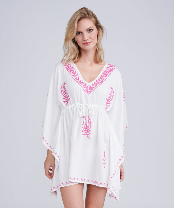 Tulsa - White/Pink Two Tone Embroidered Cover up with Drawstring Waist