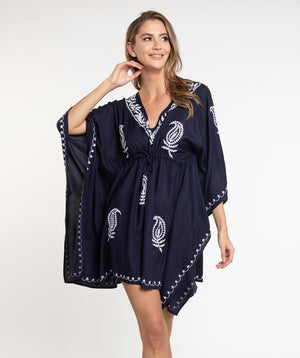 Navy/White Cotton Cover up with Contrast Embroidery and Drawstring Waist