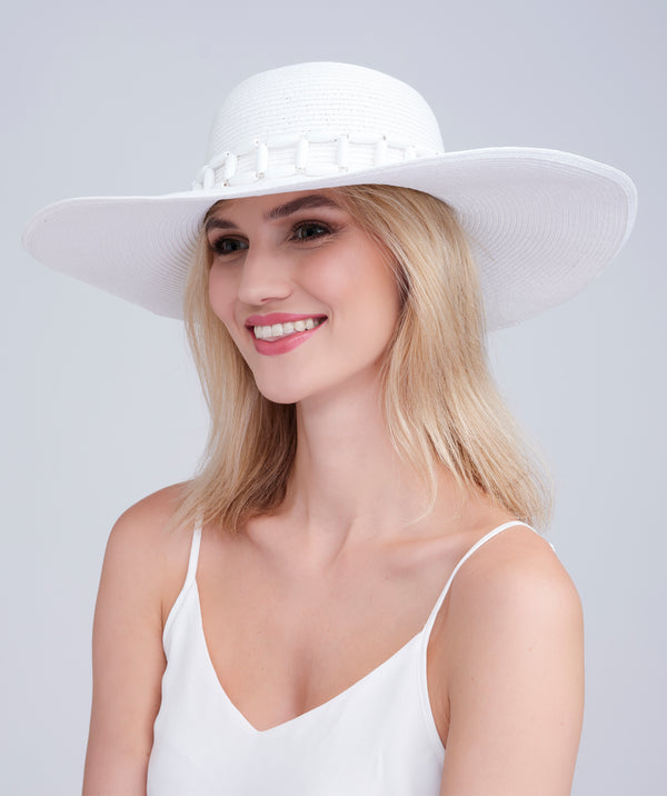 White Wide Brim Hat with Tonal Bead Embellishment